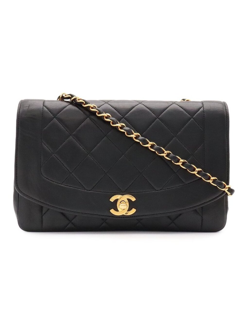 Chanel Diana 22 Quilted CC Logo Chain Shoulder Bag Lambskin Black Gold